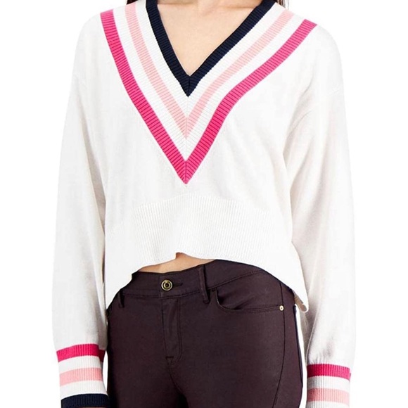 NWT Tommy Hilfiger Cropped V neck collegiate sweater Large - Picture 1 of 6